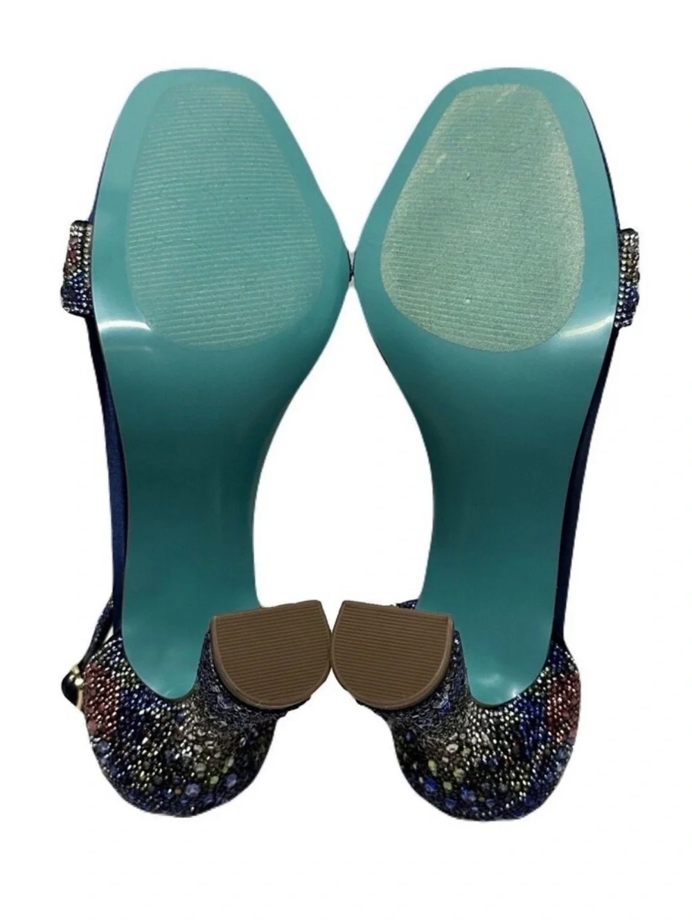 Betsey Johnson Navy Satin Multi-Crystal Ankle Strap Block Heel